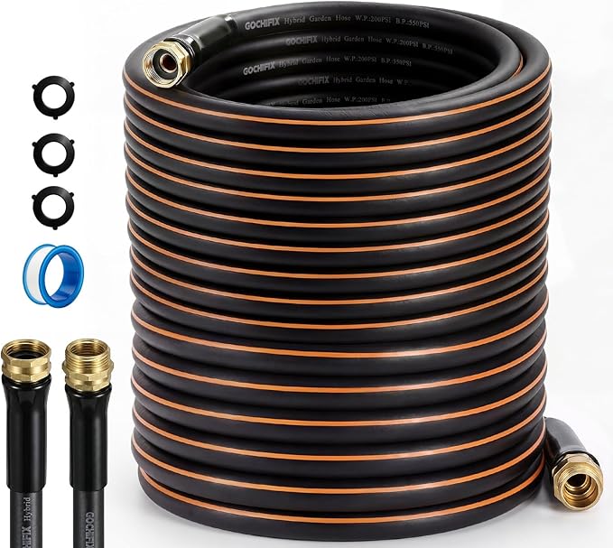 Garden Hose, 50ft 5/8" Heavy Duty Rubber Water Hose, 550 PSI Burst, 360° Anti-Kink Swivel Connectors, All-Weather Flexible, Leakproof 3/4" Brass Male to Female Fittings