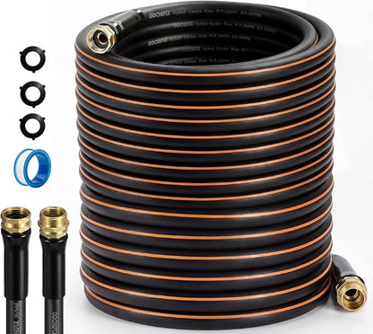 Garden Hose, 50ft 5/8" Heavy Duty Rubber Water Hose, 550 PSI Burst, 360° Anti-Kink Swivel Connectors, All-Weather Flexible, Leakproof 3/4" Brass Male to Female Fittings