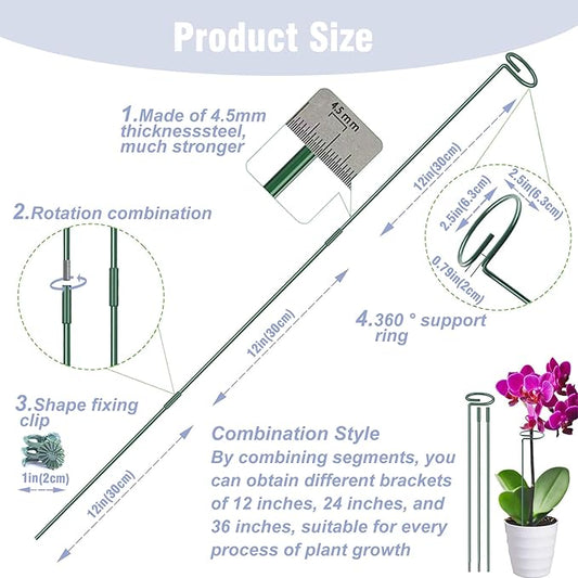 4.5mm Adjustable Length Plant Stake, Assembled (12 or 24 or 36 inch) Outdoor and Indoor Plant Support Poles for Flowers Marigolds Tomatoes Lilies Peonies Roses Daffodils Flower Clips (8 Sets, 32 Pcs)