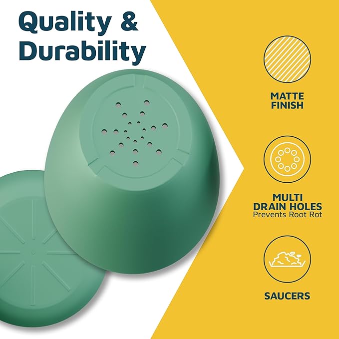 Mint Plant Pots with Drainage Holes & Saucers 15 Pack, Indoor & Outdoor Stackable Space-Saving Planters for Houseplants & Flowers, (7", 6.7", 6", 5.3", and 4.8" Inches), Durable & Weatherproof