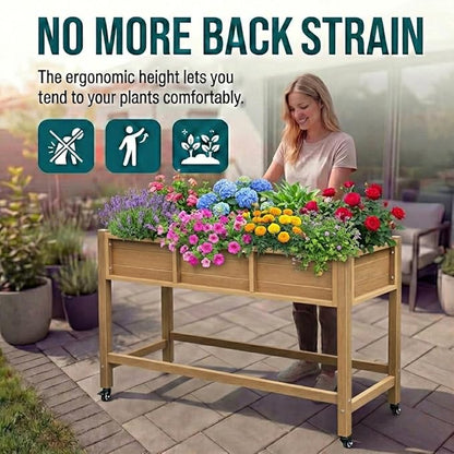 YITAHOME Raised Garden Bed HDPE, 47x18x31In Poly-Wood Weather-Resistant Raised Flower Bed, Elevated Planter Box with Lockable Wheels for Vegetables, Brown