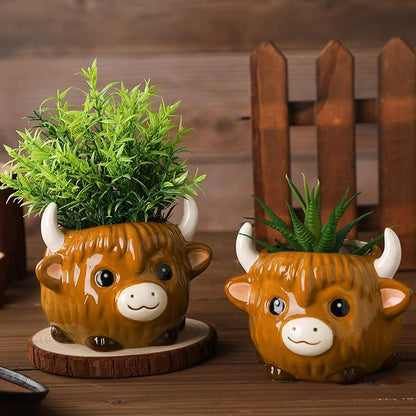 Meanplan 2 Pcs Highland Cow Succulent Planter with Drainage Cute Plant Pots Decor Ceramic Cactus Pot Animal Flower Container Holder Gifts for Cow Lovers Home Office Display Desk Decoration