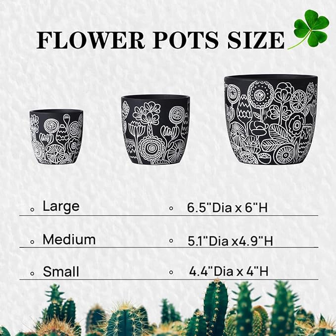 Terracotta Pots, 6.5+5+4.4 Inch Plant Pots with Drainage Hole- Floral Pattern, Black Boho Ceramic Planters for Indoor Plants, Flower Pots Indoor Succulents, Herbs Plants,Set of 3