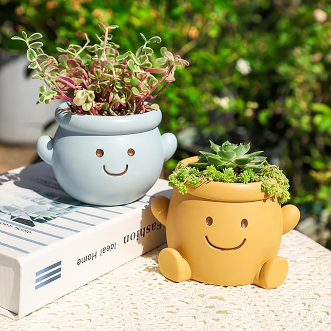 Cute Face Planter Pot, Small Resin Head Planters for Indoor Plants, Funny Smiling Face Flower Pot Succulent Planter with Drainage Hole, Gift IdeaI for Birthday Christmas (Blue)