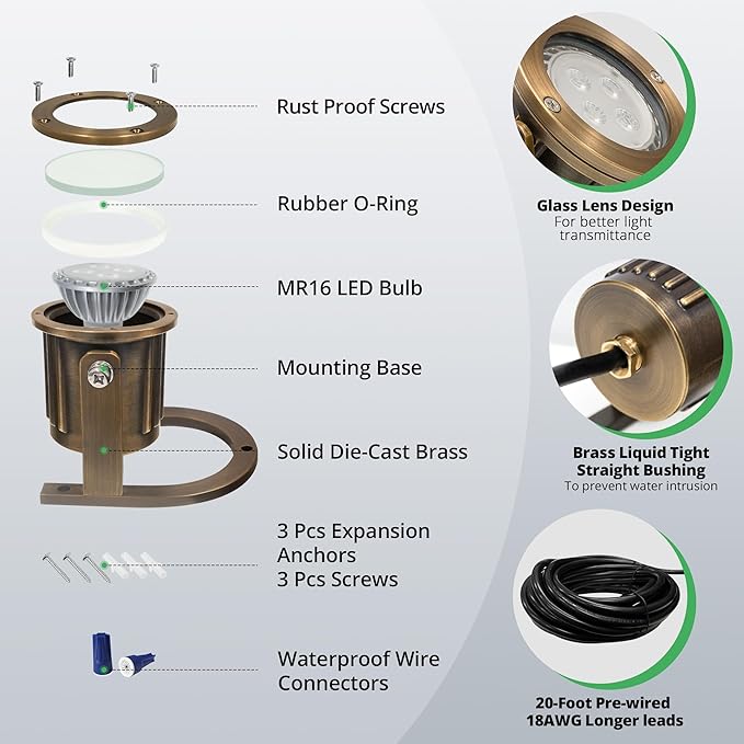 GKOLED Solid Brass Underwater Light, Low Voltage LED Pond Lights, Submersible Fountain Lighting with 5W 2700K 410LM MR16 Bulb, 9-15V AC/DC Outdoor Landscape Waterfall Light, IP68 Rated Pool Spotlights