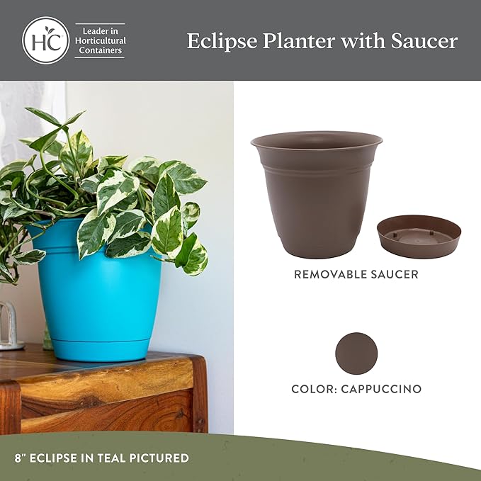 The HC Companies 20 Inch Eclipse Round Planter Pots with Drainage Holes & Attached Saucer, Lightweight UV-Resistant Plastic Indoor & Outdoor Planters, 2-Pack Flower Pots, Garden Home Decor, Cappuccino