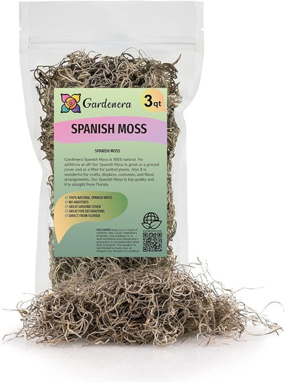 Gardenera Premium Natural Spanish Moss | Natural Preserved - Great Ground Cover - Filler for Potted Plants - 3 Quart Bag