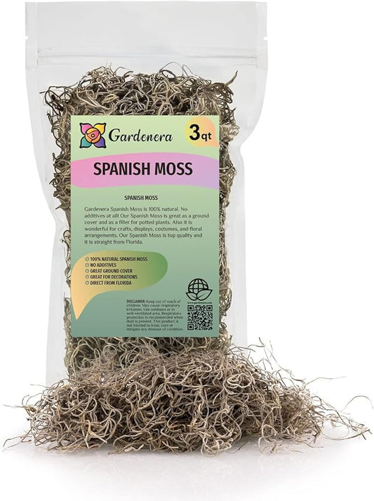 Gardenera Premium Natural Spanish Moss | Natural Preserved - Great Ground Cover - Filler for Potted Plants - 3 Quart Bag