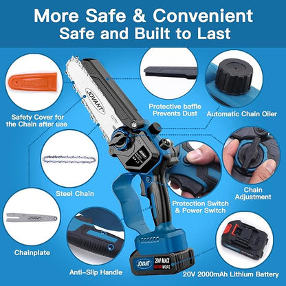 Cordless Chainsaw, Electric Chain Saw with 1 Pack 2000mAh Battery, Battery Chainsaw with Logging Wedge Electric Saw for Cutting, Trimming, Gardening, Camping(2 chains & 1 chain plates)