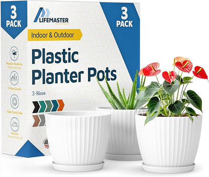 White 6-Inch Plant Pots with Drainage & Saucers 3 Pack, Indoor & Outdoor Planters for Houseplants, Herbs, and Flowers, Durable & Weatherproof Material, Stackable, Lightweight, Minimalist Design
