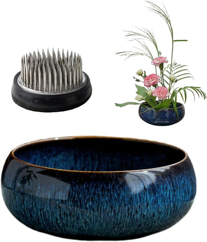 Water Lotus Bowl Planter Kit - Japanese Compote Bowl Ikebana Vase Set w/ 1.8" Floral Frog- Ideal for Ikebana, Flower Arrangement & Hydroponic Planting (Blue)