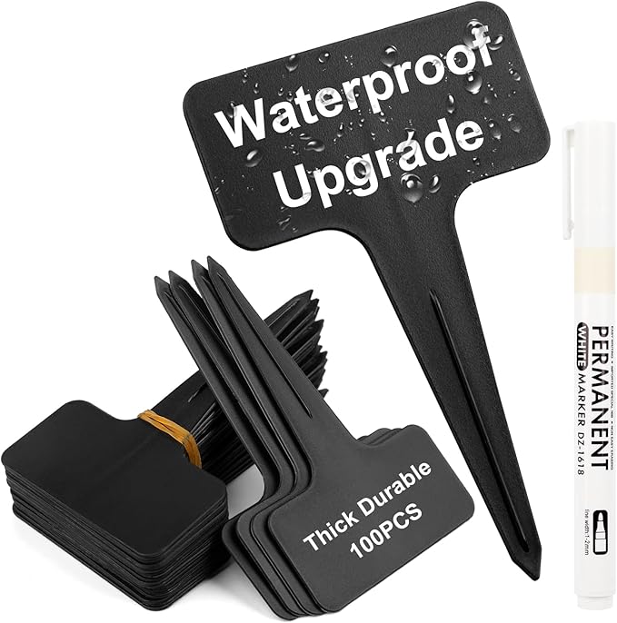 100Pcs T-Type Plant Labels, Black Durable Plastic Plant Tags with A Marker Pen, Reusable Waterproof Plant Markers for Outdoor Nursery Plants Seed