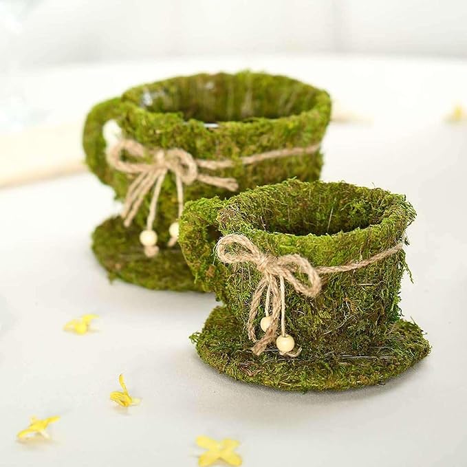 Efavormart Set of 2 | Preserved Moss Teacup Planter Box with Natural Braided Twine Bow - 5" & 4.5"