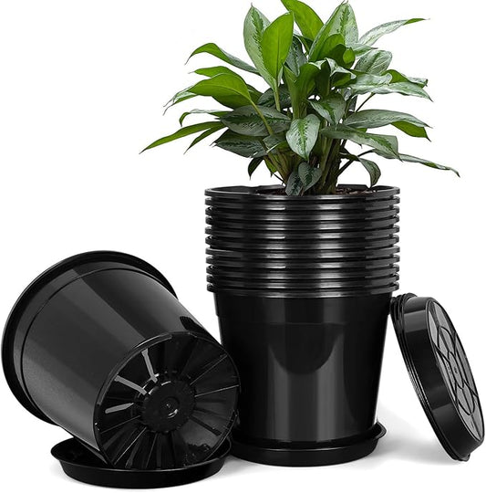 1 Gallon Plastic Pots with Drip Trays, Sturdy Gallon Plant Pots with Drainage Holes, Large Gallon Pots for Flowers, Ideal for Indoor and Outdoor Use (1Gallon-12PACK)