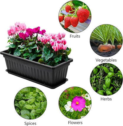 Fasmov 7 Pack 17 Inches Flower Window Box Plastic Vegetable Planters with Trays Vegetables Growing Container Garden Flower Plant Pot with 7 Pcs Plant Labels for Balcony, Patio, Garden, Black