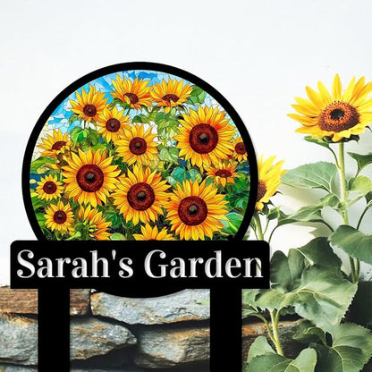 Personalized Sunflower Garden Sign with Stake, Custom Sunflower Garden Stake Plaque Metal Yard Sign, Customized Colorful Sunflower Patio Lawn Outdoor Decor Name Sign for Mom Grandma