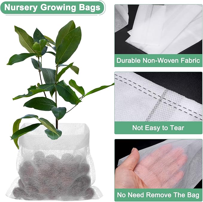 100-Pack Nursery Growing Bags, 4.3" x 4.3" Non-Woven Plant Nursery Bags, Fabric Seeding Pots Pouch for Seed Starting/Soil Transplant/Home Garden Supply [White]