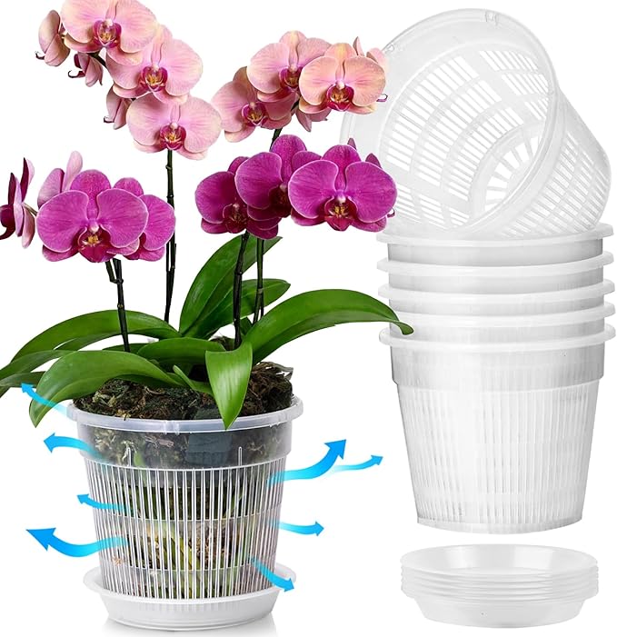 T4U Orchid Pot, 6 Pack 6.3 Inch Orchid Pots with Holes and Saucers, Clear Orchid Pots for Repotting, Plastic Flower Plant Pot for Indoor Outdoor Plants, Slotted Orchids Planter for Root Health