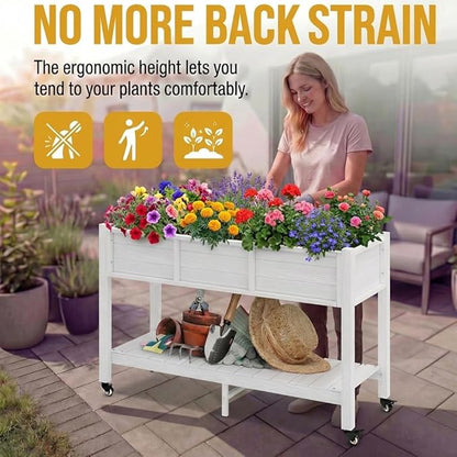 DWVO 47x18x3in Raised Garden Bed HDPE Outdoor with Legs and Lockable Wheels, Weather-Resistant Poly-Wood Elevated Planter Box, Double Tier Planters for Backyard Patio Balcony, White