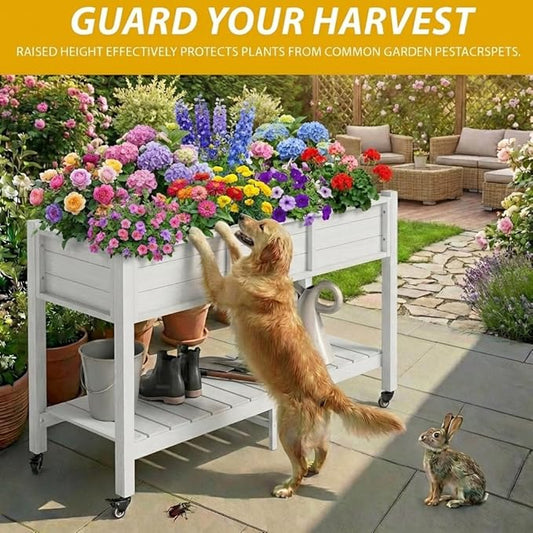 DWVO 47x18x3in Raised Garden Bed HDPE Outdoor with Legs and Lockable Wheels, Weather-Resistant Poly-Wood Elevated Planter Box, Double Tier Planters for Backyard Patio Balcony, White