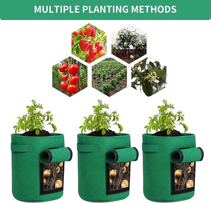 5-Pack 7 Gallon Grow Bags with Harvest Window Thickened 300g Nonwoven Fabric Heavy Duty Plant Pots Easy for Vegetables Potato Tomatoes Carrots Gardening Containers with Handles Green