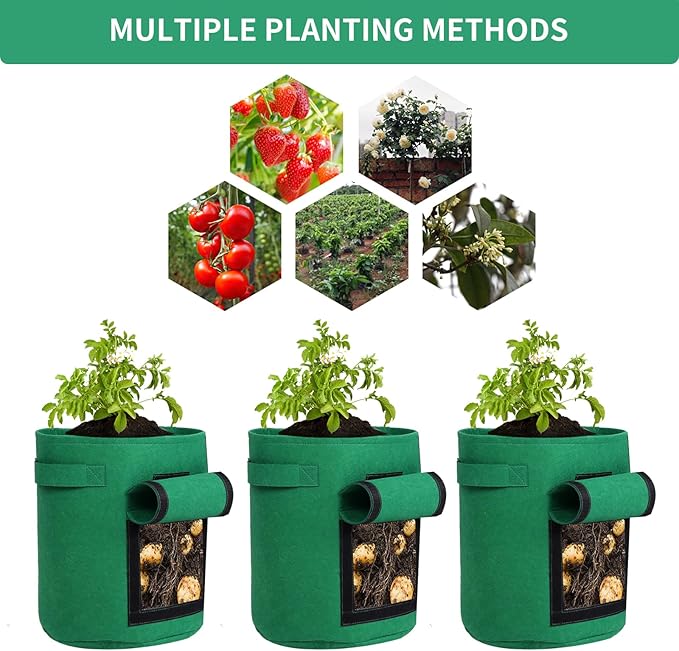 5-Pack 10 Gallon Grow Bags with Harvest Window - Thickened Fabric Plant Pots for Vegetables, Potato, Tomatoes & Carrots | Indoor/Outdoor Gardening Containers with Reinforced Handles Green