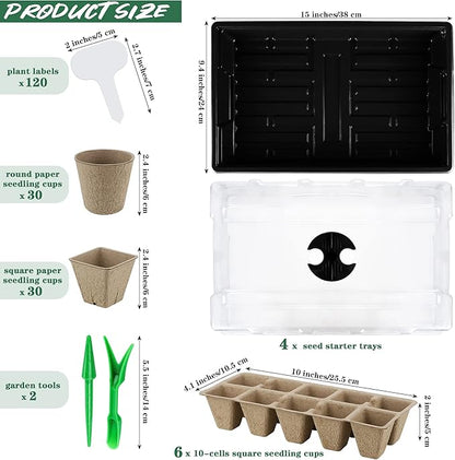 4 Pack Seed Starter Tray Set Plants Growing Trays Peat Pots for Seedlings with Seed Starter Pots, Plastic Germination Tray, Plant Labels, Tool for Flower Vegetable Planting, Black
