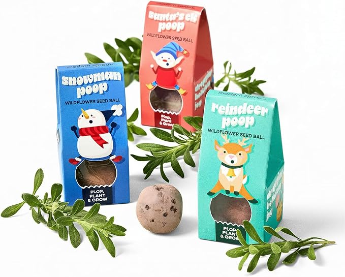 Modern Sprout Wildflower Seed Ball Poop - Christmas Gift - Non-GMO, Hand-Rolled Clay Seed Bombs with Wildflower Seeds - Plop Plant & Grow Gardening Gift Set for Kids & Adults (Jingle Plop - Pack of 3)