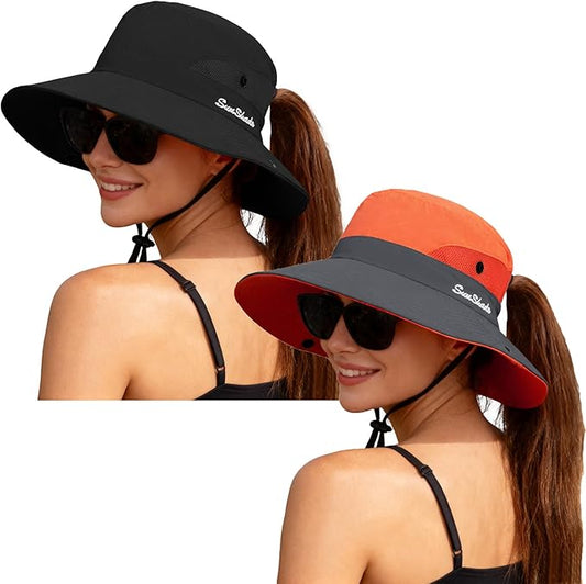 ZOORON Women's Ponytail Safari Sun Hat,Wide Brim UV Protection Outdoor Bucket Hat,Foldable Beach Summer Fishing Hat