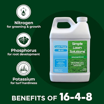 Advanced 16-4-8 Lawn Fertilizer - Liquid Lawn Food Spring & Summer Concentrated Spray - Any Grass Type- Fish and Seaweed Kelp- Balanced NPK - Simple Lawn Solutions (64 Ounce)