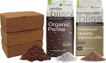 Seed Starting Potting Mix - Coco Coir 650gm Bricks (3-Pack) + Perlite Bliss + Vermiculite Bliss - Organic Potting Soil Mix - Coconut Coir Bricks - Seed Starter Soil for Indoor Plants & Outdoor Plants