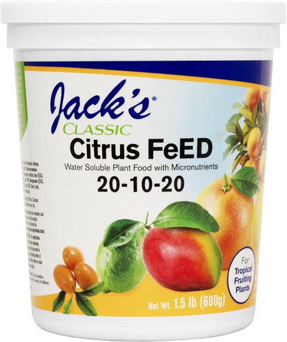 Jack's Classic 20-10-20 Citrus Feed Water-Soluble Fertilizer with Micronutrients to Provide Better Growth and Fruiting in Tropical Fruiting Plants, 1.5lbs