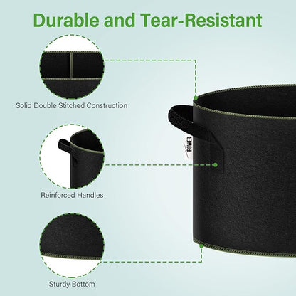 iPower 5-Gallon 10-Pack Grow Bag Thickened Nonwoven Fabric Pots Heavy Duty Aeration Container with Strap Handles for Garden and Planting Vegetable Flowers, Black with Green Stitch Sewing