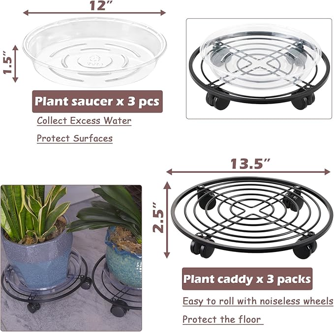 3 Packs 13.5" Metal Plant Caddy with Wheels Large Rolling Plant Stands Indoor Wheeled Plant Dolly Heavy-duty Planter Mover Roller Base Outdoor Plant Trolley Cart Water-proof, Plant Saucers on Wheels