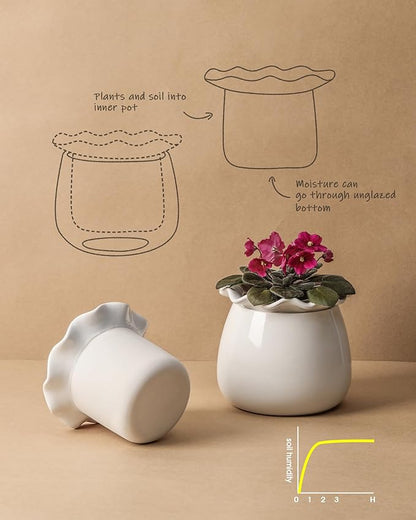 Self Watering Plant Pot, 6 Inch African Violet Pots Maintenance, Ceramic Self-Watering Planter for Indoor Plants - Ideal Flower Pot for Thriving Indoor Gardens, White