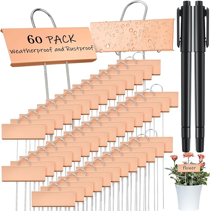 Maitys 62 Pcs Metal Garden Markers Plant Label Stakes Outdoor Weatherproof 10.6 Inch Stainless Steel Nursery Tags Bulk with Pens (Rose Gold Label with Black Ink)