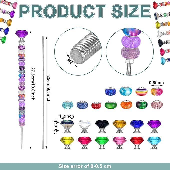 Tigeen 236 Pcs Garden Stake DIY Fairy Wand Plant Stake with 12 Colorful Crystal Stopper Top 12 Threaded Rod with 200 Large Hole Bead for Spring Summer Holiday Outdoor Decorations(Colorful Ribbons)