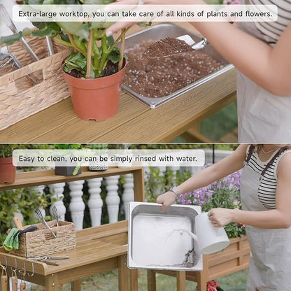 ONBRILL Potting Bench, Outdoor Potting Bench Table with Removable Sink, HDPS Potting Benches for Outside, Garden Table with Storage Shelves & 4 Side Hooks, No Rot, No Fade, No Break, 360lbs Capacity