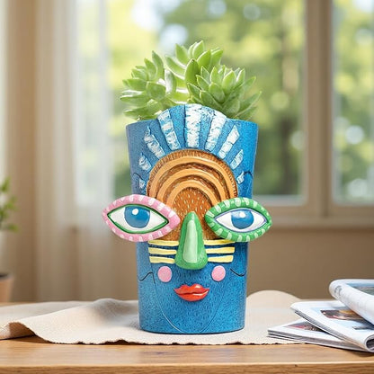 Picasso Abstract Face Flower Pot,Plant Pot with Facial Expressions,Handmade Resin Plant Pot with Drainage Holes,for Indoor and Outdoor Botanical Home décor (Blue Large)