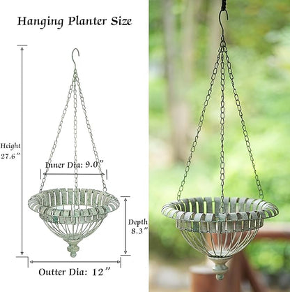 Set of 2 Metal Hanging Planters,Hand-Crafted Rusty Hanging Basket Plant Holder for Outdoor Indoor Garden, Patio, Deck, Porch, Flower Pots