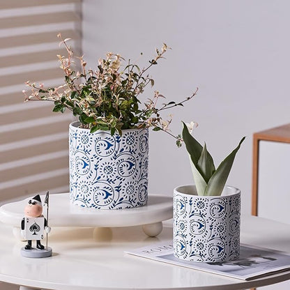Blue and White Ceramic Plant Pot for Indoor Plants, 6 Inch Boho Flower Pot with Drainage Holes, Modern Planter for Home & Office Decor