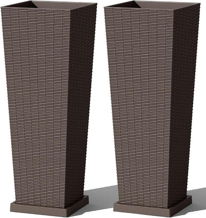 Greesum Set of 2 Tall Plastic Planters with Saucer, 32 Inch Large Pots with Drainage Trays, Weather-Resistant Plastic Plant Containers for Patio, Porch, Garden,Brown
