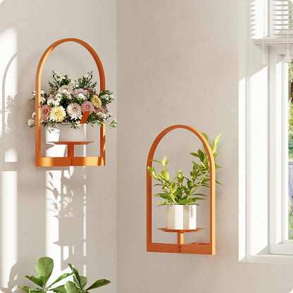 Orange Metal Wall Plant Holder - 2-Pack Wall Mounted Plant Stands and Hanging Holders for Indoor Planter and Flower Pot - Arch Decor Shelf for Plant Storage (Pot Not Included)