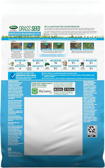 Scotts Turf Builder Grass Seed Kentucky Bluegrass Mix with Fertilizer and Soil Improver, Grows Dense, Green Turf, 2.4lbs.