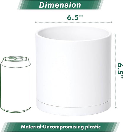 D'vine Dev 2 Pack 6.5 Inch Modern Plastic Plant Pots, Small Garden Planters for Plant with Drainage Holes and Saucers, White Color, 74-Z-L-1