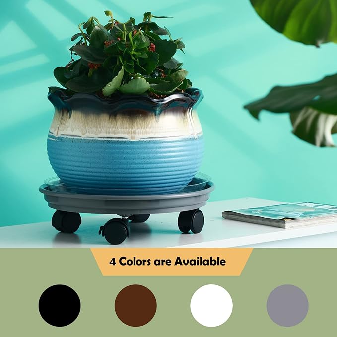 Planterhoma 6 Packs Plastic Plant Caddy with Casters 12” Plant Dolly Heavy Duty Rolling Plant Stand with Wheels for Indoor and Outdoor Large Heavy Plant Pot Rollers, Black and Grey