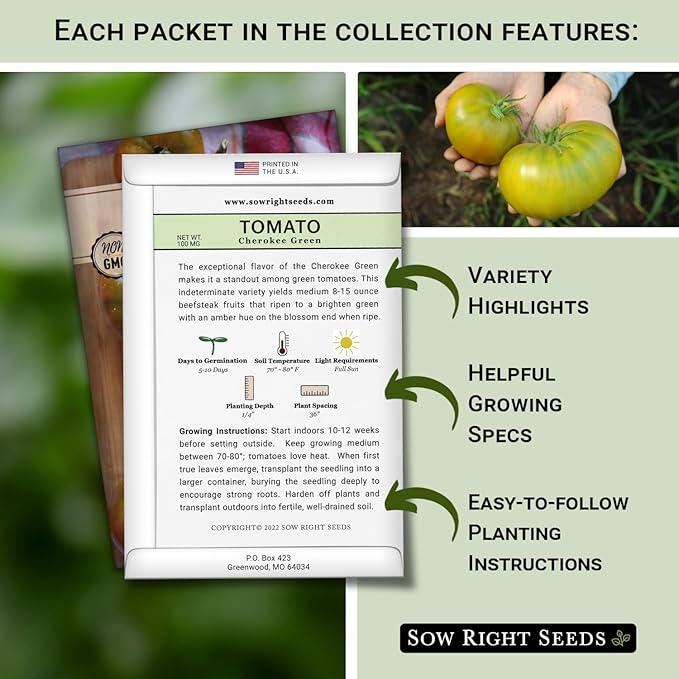 Sow Right Seeds - Rare Colorful Heirloom Tomato Seed Collection for Planting - Cherokee Green, Black Krim, Hillbilly, Black Beauty, Ponderosa Pink - Non-GMO Varieties to Plant a Home Vegetable Garden