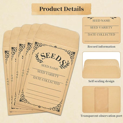 50-Pack Seed Packets Envelopes with Clear Window, 4.72 x 3.15 Inch Small Kraft Paper Seed Bags, Bulk Seed Storage Organizer with Preprinted Collecting Template for Garden Flower Vegetable Seeds Saving