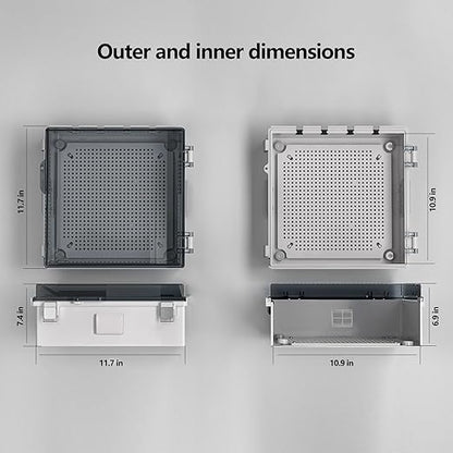 ABS Electrical Junction Box, Ventilated Design, Cable Grommets, IP65 Waterproof Enclosure, Indoor/Outdoor Use with Mounting Panel. (Clear Cover, 11.9"x11.9"x7")