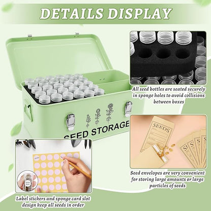 60 Slots Seed Storage Organizer, Metal Seed Saving Box with Lid and Safety Locks, Seed Bin Seed Storage Container with 20 Seed Envelopes and 20 Labels, 3 Compartments, Perfect for Flower Plants Garden